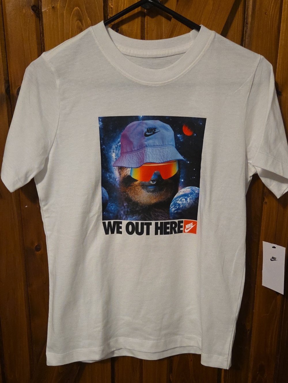 Nike White Graphic Tee with Multicolor Space Sloth Print